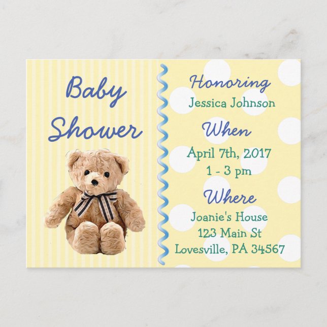Carte Postale Baby Boy Teddy Bear Baby shower Invitation (Devant)