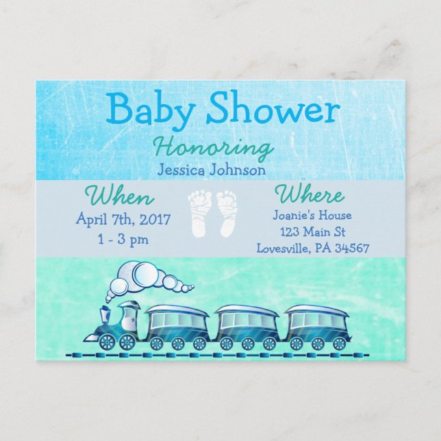 Carte Postale Baby Boy Train Blue Baby shower Invitation (Devant)