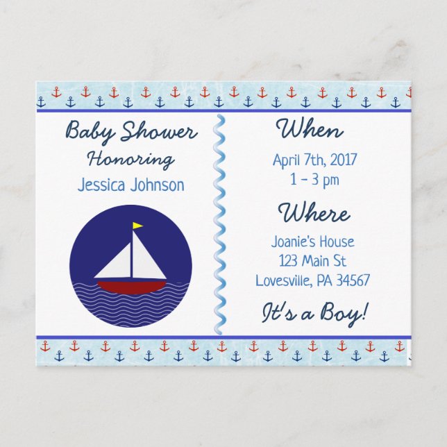 Carte Postale Baby Boy Voilier Blue Baby shower Invitation (Devant)