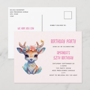 Carte Postale Baby Deer avec Antlers et Fleurs Anniversaire