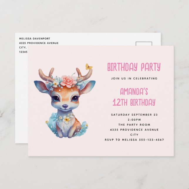 Carte Postale Baby Deer avec Antlers et Fleurs Anniversaire (Devant / Derrière)