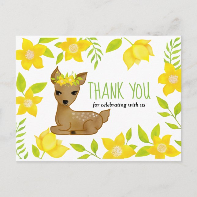 Carte Postale Baby Deer Florals Jaunes | Merci baby shower (Devant)