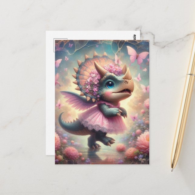 Carte Postale Baby Dino en robe rose (Devant/Arrière en situation)