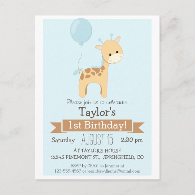 Carte Postale Baby Giraffe Invitation de fête d'anniversaire de  (Devant)