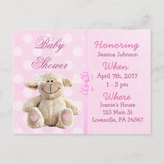 Carte Postale Baby Girl Agneau rose Baby shower Invitation (Devant)