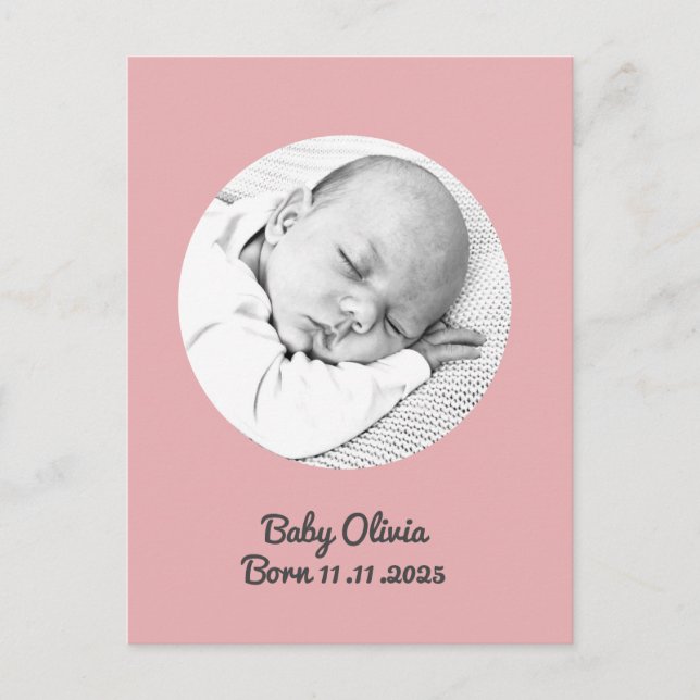 Carte Postale "Baby Girl Birth - Pink Photo & Name" personnalisé (Devant)