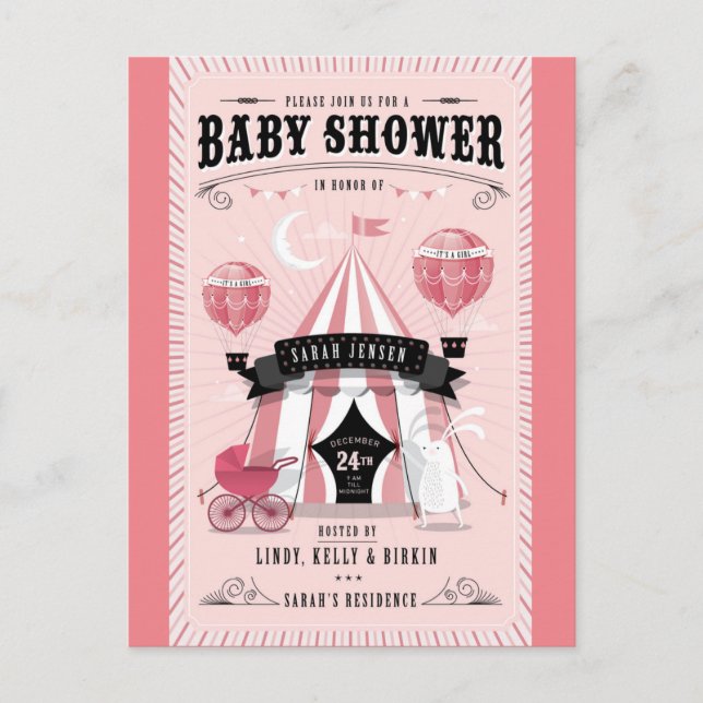 Carte Postale Baby Girl Circus Baby shower Invitation (Devant)