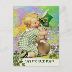 Carte Postale BABY HUGGING RABBIT St. Patrick's Day Shamrocks