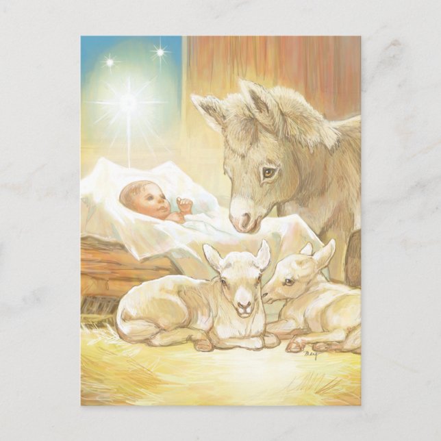 Carte Postale Baby Jesus Nativity with Lambs and Donkey (Devant)