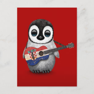 Carte Postale Baby Penguin Jouer Drapeau Croate Guitare Rouge