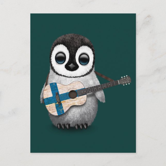 Carte Postale Baby Penguin Jouer Finlandais Drapeau Guitare Turq (Devant)