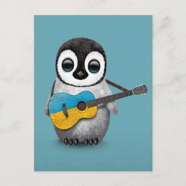Carte Postale Baby Penguin Jouer le drapeau ukrainien guitare bl (Devant)