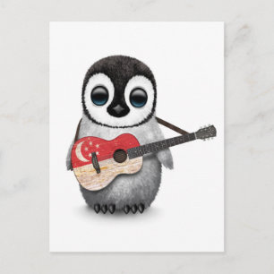 Carte Postale Baby Penguin Jouer Singapour Drapeau Guitare