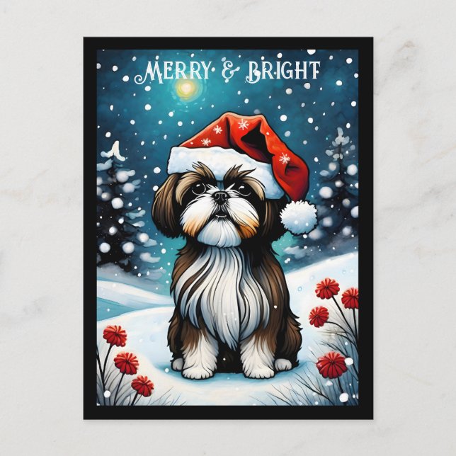 Carte Postale Baby Shih Tzu Snowy Meadow Père Noël Chien Noël (Devant)
