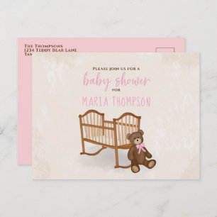 Carte Postale Baby shower Aquarelle Rustique rose farci Animal