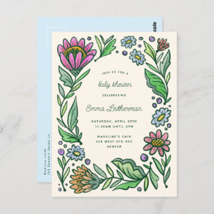 Carte Postale Baby shower artisanal scandinave Folk Floral Boy