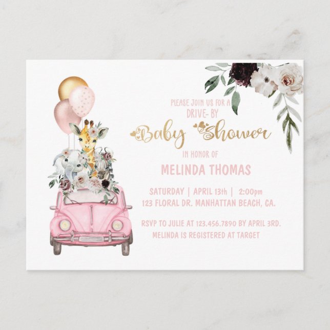 Carte Postale Baby shower, Baby shower en voiture, safari Invita (Devant)