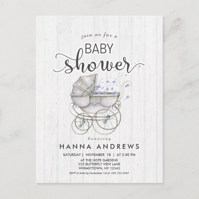 Carte Postale Baby shower Bois blanc & Carriage Boy Invitation (Devant)