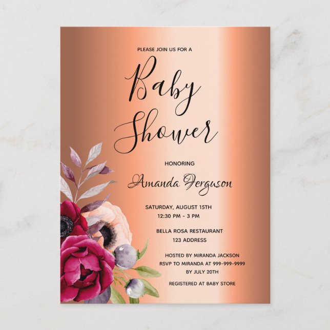 Carte Postale Baby shower bougeonnerie florales cuivre invitatio (Devant)