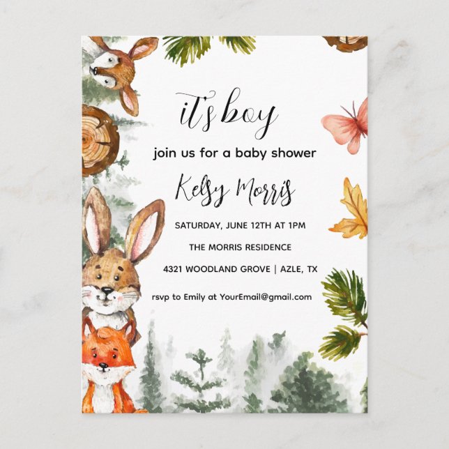 Carte Postale Baby shower Boy Boy Invitation, Animal Forestier (Devant)