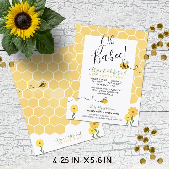 Carte Postale Baby shower budgétaire Aquarelle Bumble Bee Invita (Budget-Friendly Gender-Neutral Bumble Bee Baby Shower Invitation (4.25 x 5.6 in.) "Oh, Babee!")