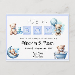 Carte Postale Baby shower - C'est un garçon ! Ours en peluche. M