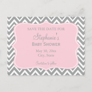 Carte Postale Baby Shower Chevron Gris, Blanc et Rose Pâle