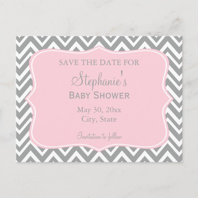 Carte Postale Baby Shower Chevron Gris, Blanc et Rose Pâle (Devant)