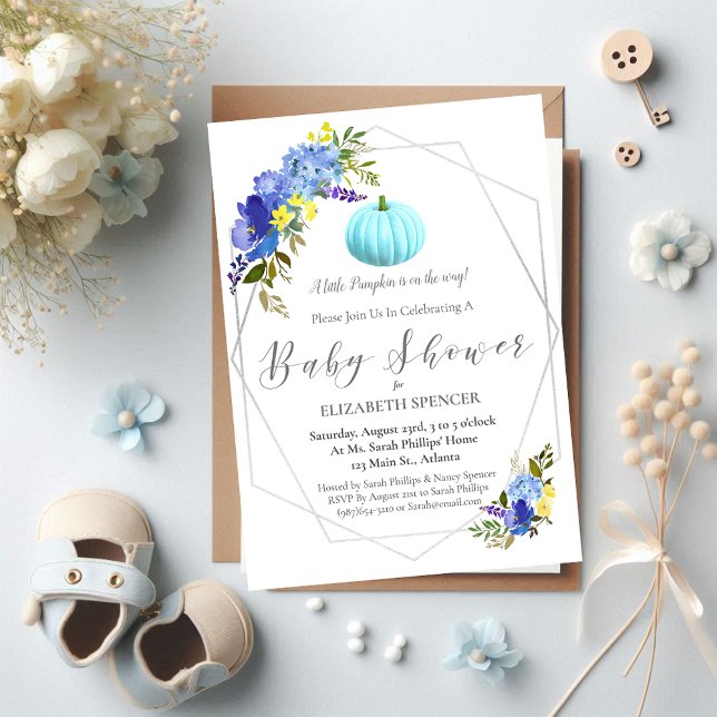 Carte Postale Baby shower Citrouille bleu Invitation floral (Créateur téléchargé)