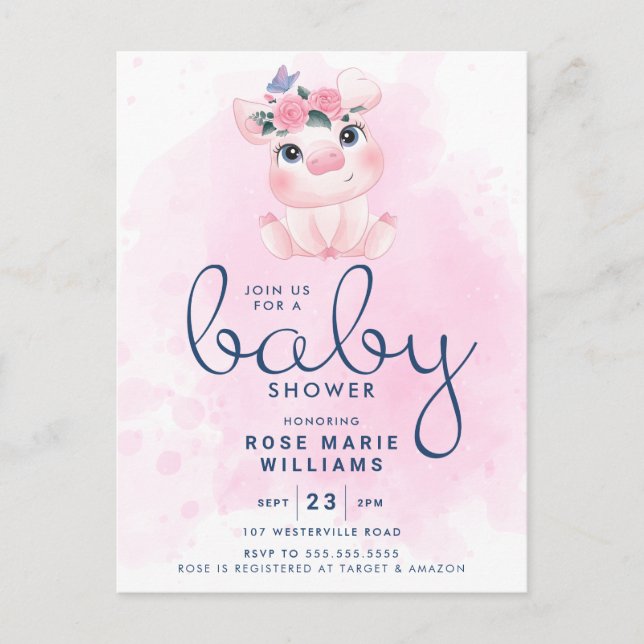 Carte Postale BABY SHOWER | Cochon aquarelle arc-en-ciel (Devant)