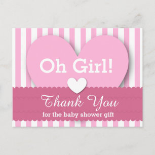 Carte Postale BABY SHOWER Coeurs MERCI Stripes V06 ROSE
