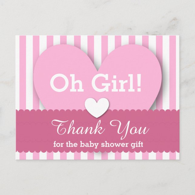 Carte Postale BABY SHOWER Coeurs MERCI Stripes V06 ROSE (Devant)