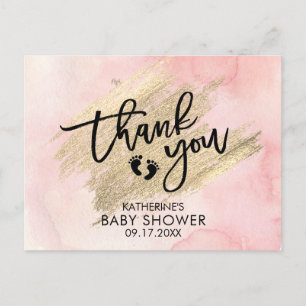 Carte Postale Baby Shower Coup de Pinceau Doré Aquarelle Rose
