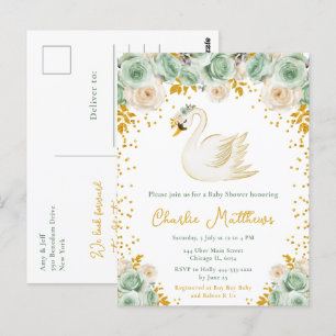 Carte Postale Baby Shower Cygne Vert Sauge et Roses Dorées