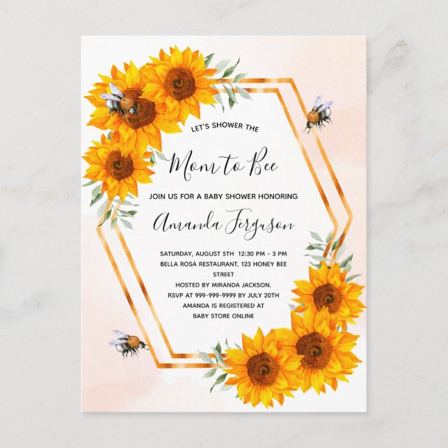 Carte Postale Baby shower d'abeille tournesol rose blanche or (Devant)
