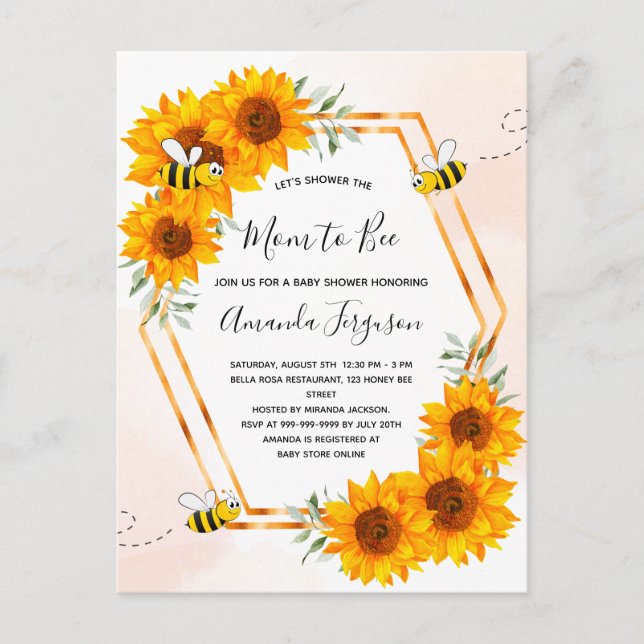Carte Postale Baby shower d'abeilles tournesols rose or invitati (Devant)