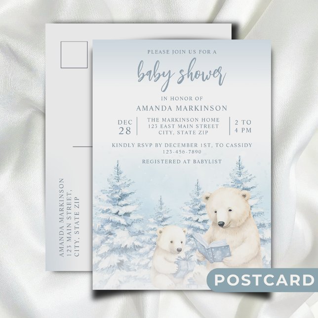 Carte Postale Baby shower d'aquarelle bleu d'ours polaire d'hive (Créateur téléchargé)