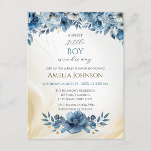 Carte Postale Baby shower d'aquarelle Florale bleu moderne