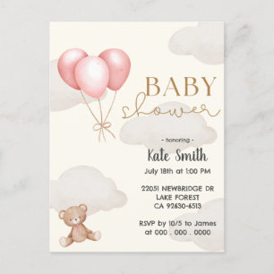 Carte Postale Baby shower d'aquarelle Teddy Bear Ping Ballons