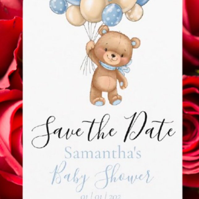 Carte Postale Baby shower de ballon d'ours en peluche Enregistre (Celebrate your baby shower with a charming teddy bear balloon save the date postcard.)