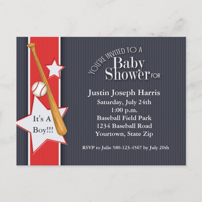 Carte Postale Baby shower de baseball Invitation Marine Rouge (Devant)