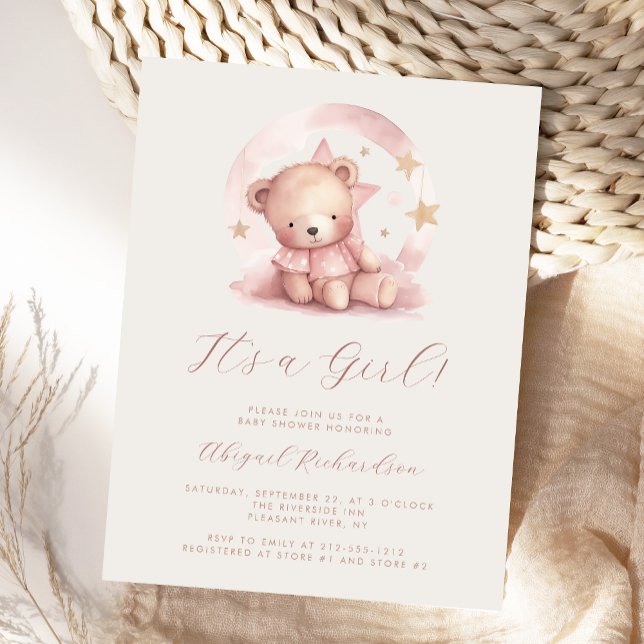 Carte Postale Baby shower de fille d'ours d'aquarelle rose (Créateur téléchargé)