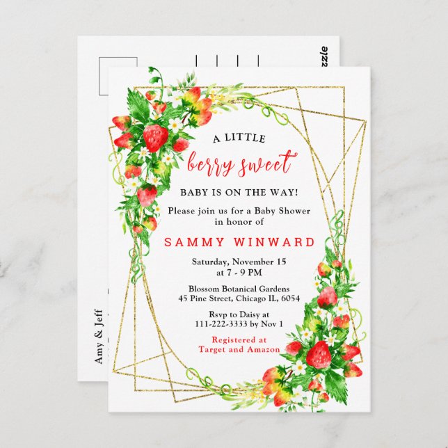 Carte Postale Baby shower de fraises et marguerites (Devant / Derrière)