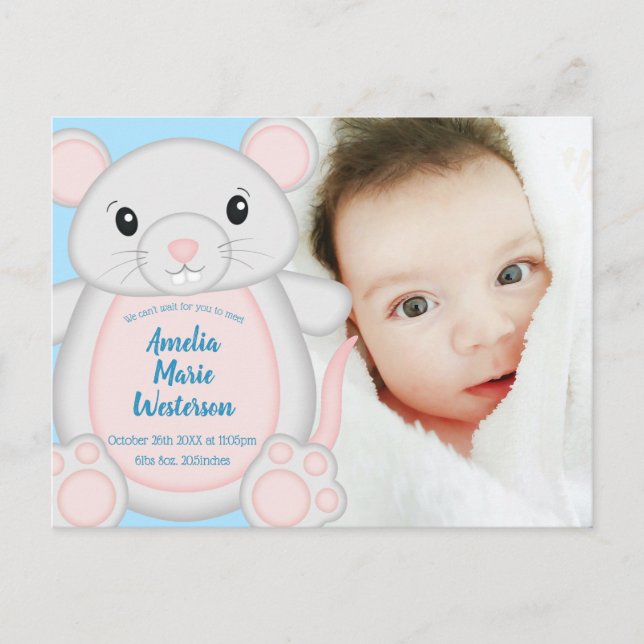 Carte Postale Baby shower de souris bleu (Devant)