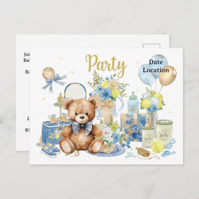 Carte Postale Baby shower de tennis pour bébé garçon bleu thème (Devant / Derrière)