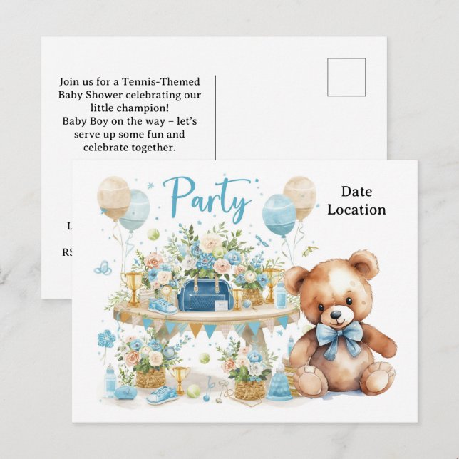 Carte Postale Baby shower de tennis pour bébé garçon bleu thème (Devant / Derrière)