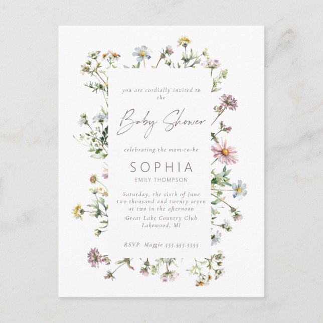 Carte Postale Baby shower délicat fleur sauvage de prairie (Devant)