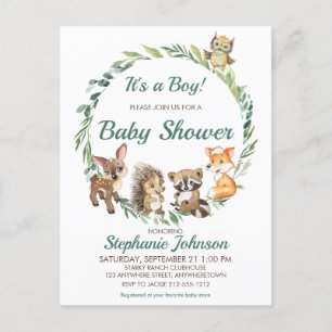 Carte Postale Baby shower des animaux forestiers rustiques