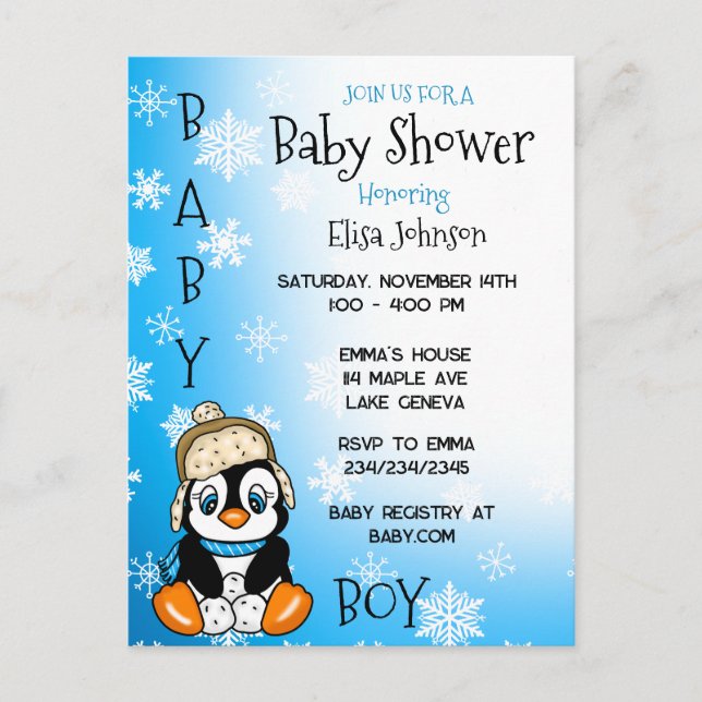 Carte Postale Baby shower d'hiver de bébé Penguin (Devant)