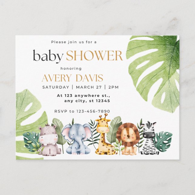Carte Postale baby shower d'invitation, animaux, safari (Devant)